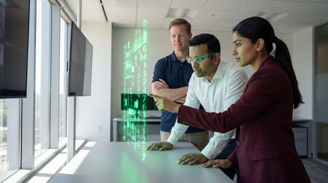 Business professionals analyzing digital data interface in a modern office