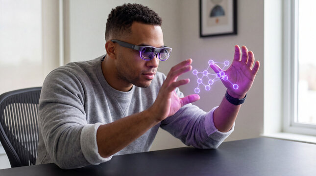 Technology specialist manipulating virtual molecular network through smart glasses