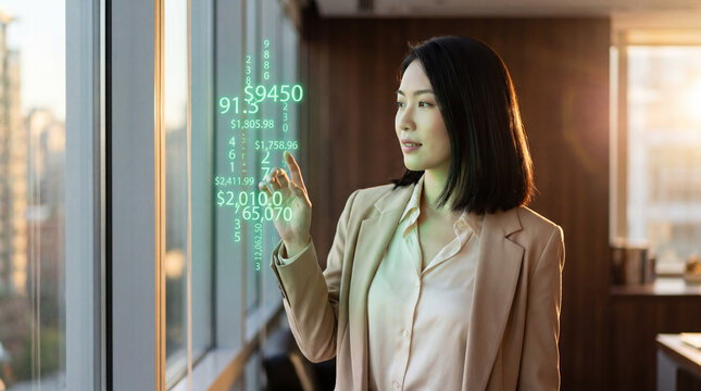Businesswoman monitoring real time market data through interactive financial display