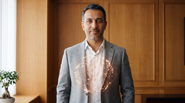 Businessman presenting digital innovation concept in executive office