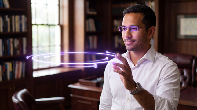 Future workspace concept featuring executive controlling virtual light interface