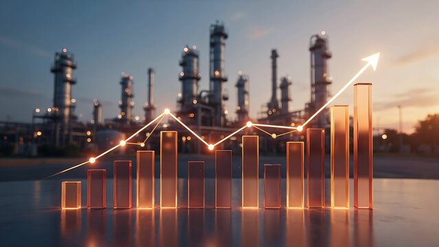Industrial economic growth chart represented by glowing orange and yellow bars with rising trend line against background of blurry oil refinery factory facility during golden sunset.