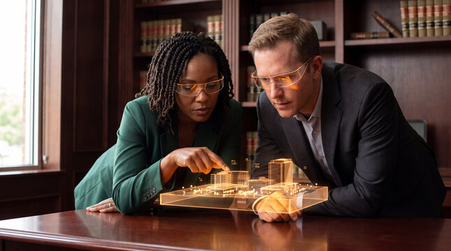 Architects reviewing interactive holographic building model in executive office