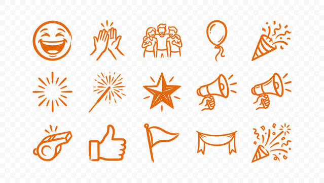 celebration smiley fireworks party hat megaphone event happiness joy fun doodle handmade ink scribble flat line art vector illustration icon bundle set calligraphy drawing design