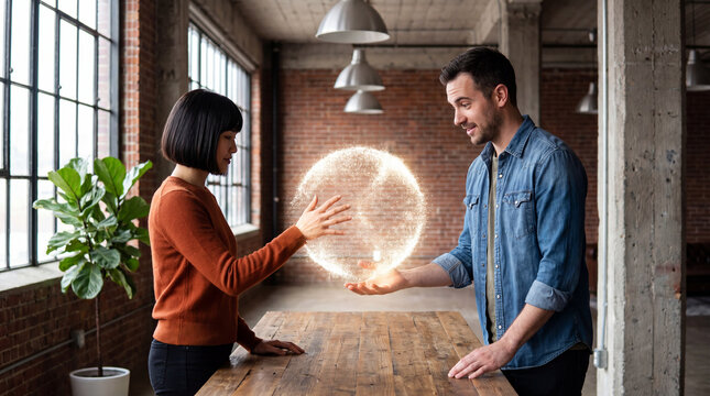Two professionals interacting with holographic sphere during technology collaboration