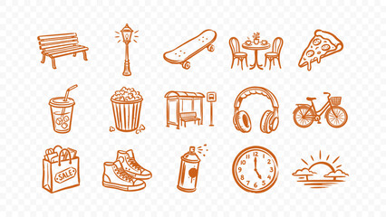 city lifestyle bench lamp skateboard table bike urban outdoor recreation doodle handmade ink scribble flat line art vector illustration icon bundle set calligraphy drawing design © markephics
