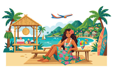 Obraz premium Tropical Paradise Getaway: A vibrant illustration of a woman in traditional Hawaiian attire relaxing on a sandy beach, surrounded by palm trees, lush mountains, and the sparkling blue ocean.