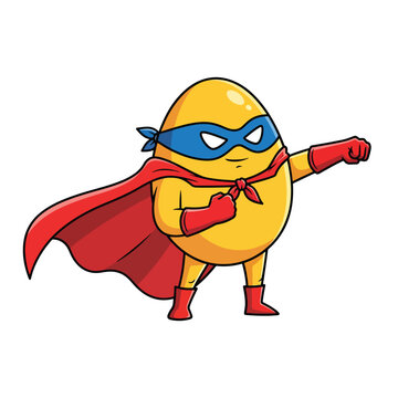Cartoon superhero egg character with mask and cape.