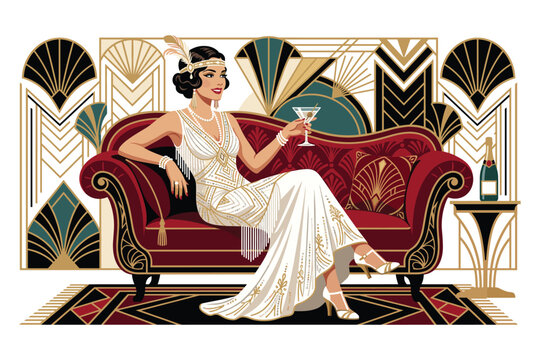 Glamorous Flapper Queen: A sophisticated woman in a stunning 1920s flapper dress reclines on a plush red sofa, holding a martini glass.
