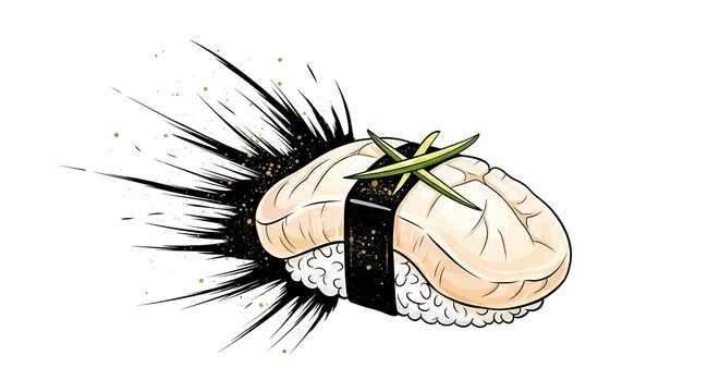 Dynamic Brush Flourishes. hotate scallop nigiri with yuzu zest, featuring wild, energetic brush flourishes radiating from behind the sushi like celebratory strokes, with gold flecks