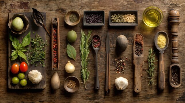 Flat lay of a dark wooden table with spices, olive oil, garlic, herbs, and wooden spoons. Rustic food background with copy space, perfect for recipes, cooking, menus, and kitchen advertising.