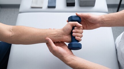 Fototapeta premium Physiotherapy session for hand and wrist rehabilitation with a dumbbell for strength recovery 