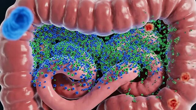 Close-Up Digital Representation of Human Intestines Showcasing Probiotic-Like Therapeutic Mechanism with Colorful Microbiomes and Bacterial Interactions