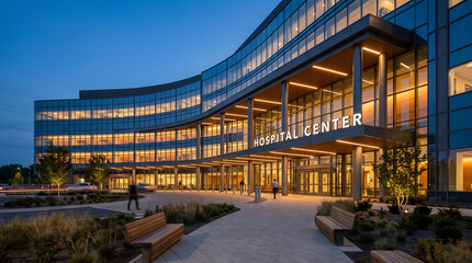 Fototapeta premium Modern healthcare facility entrance curved facade at night with real estate hospital healthcare building architecture twilight entrance exterior structure