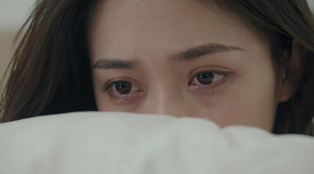Lonely and depressed concept. Close-up of a woman&rsquo;s tearful eyes resting on a pillow.