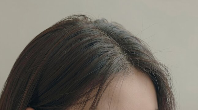 Lonely and depressed concept. Close-up of gray hair strands on a person's head with smooth skin.