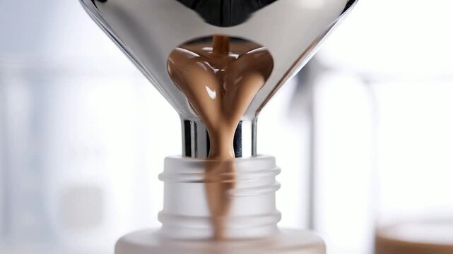 Close-Up Macro Shot of Pale Liquid Foundation Pouring Through Funnel Into Clear Cosmetic Bottle for Beauty Product Production