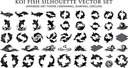 Fototapeta premium Japanese koi fish silhouette vector set with swimming, jumping, and circling designs for decorative art
