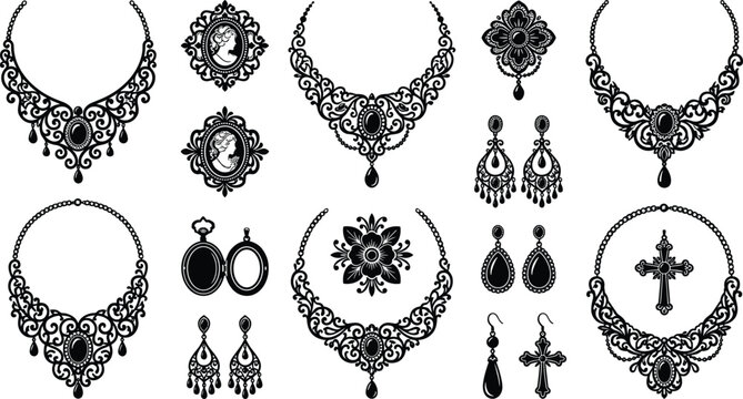 Vintage jewelry silhouette vector set with ornate necklaces, earrings, and cameo brooch designs