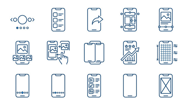 Creative Set of Minimalist Blue Line Icons Showcasing Mobile App Design Development and User Interaction Concepts