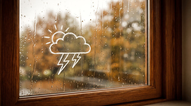 Hand drawn storm weather icon on rainy window pane with lightning droplets background meteorology illustration creative melancholy outdoors landscape forecast