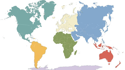 Fototapeta premium A colorful stylized world map illustration depicting the seven continents.