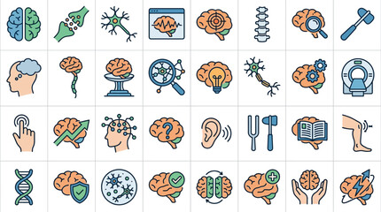 Obraz premium A collection of colorful flat line icons representing neurology and brain health concepts.