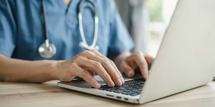 Close up of doctor or nurse hands typing on laptop keyboard, healthcare professional working on computer.