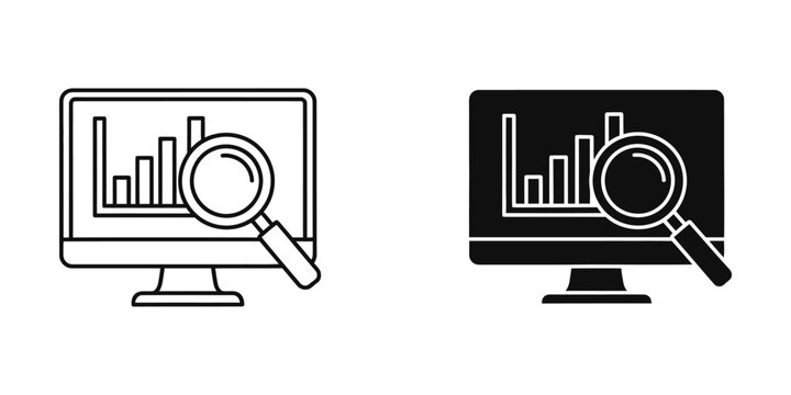 Data analytics magnifying glass on computer screen icon with analytics magnifying computer business statistics