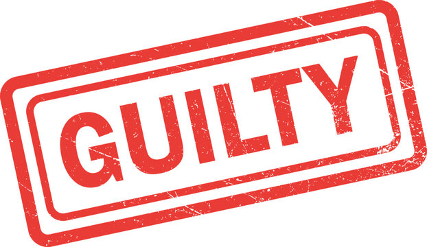 Red rubber stamp with the word guilty inside a rectangular frame with a distressed and weathered texture effect