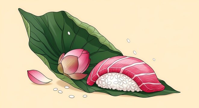 chutoro nigiri (medium-fatty tuna), featuring a large lotus leaf, a single pink lotus bud resting near the leaf&rsquo;s edge