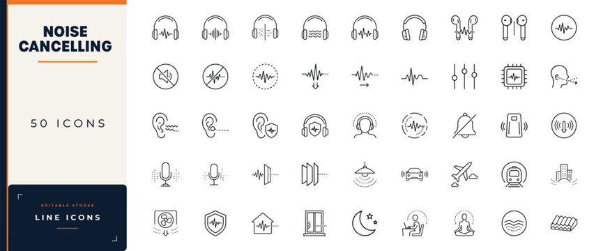 Noise cancelling line icon set featuring sound reduction, audio waves, headphones, ear protection, and acoustic isolation symbols