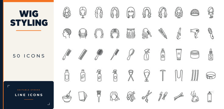 Wig styling line icon set featuring hair extensions, mannequin heads, combs, brushes, scissors, and salon hair care products