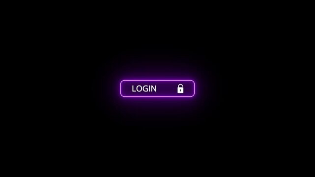 Glowing neon purple login button with unlocked padlock security icon 4k video