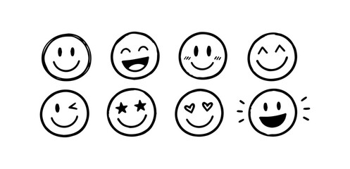 Collection of hand drawn smiling face icons with various expressions on a white background