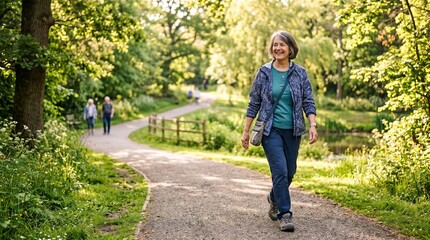 Obraz premium Smiling senior woman walking on a park path surrounded by lush green trees and sunlight
