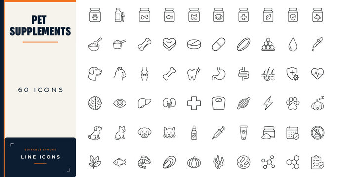 Pet supplements line icon set featuring veterinary medicine, dog and cat health care, vitamins, pills, and nutrition symbols