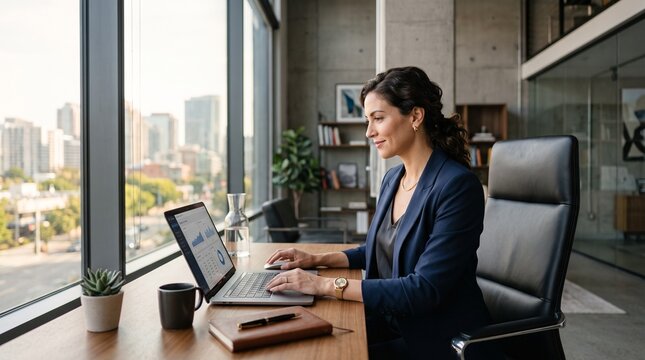 Businesswoman working on laptop in modern office with city view