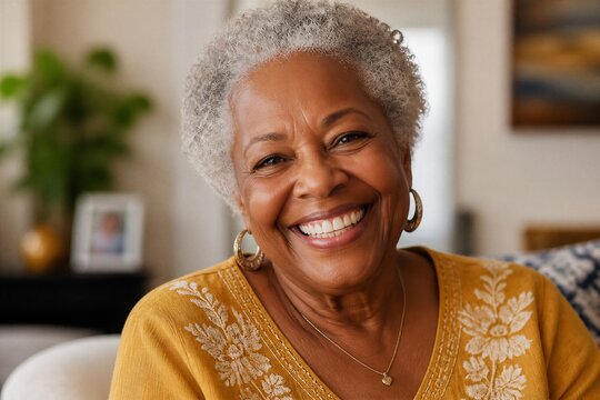 Warm, radiant smile from an elderly woman. Soft silver hair frames her joyful expression. Yellow patterned top adds cheerful contrast. Gentle, homey background enhances her happiness