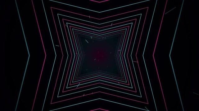 Abstract neon star tunnel loop with glowing cyan and magenta lines on black background