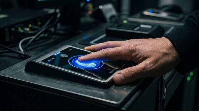 Person using fingerprint scanner for biometric identification and access control
