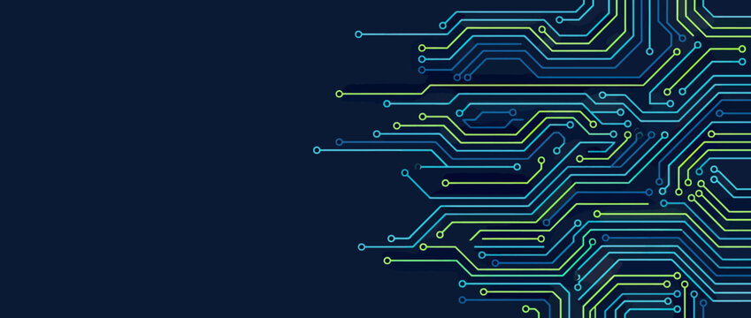 Digital circuit board pattern, blue and green lines on dark background, technology concept