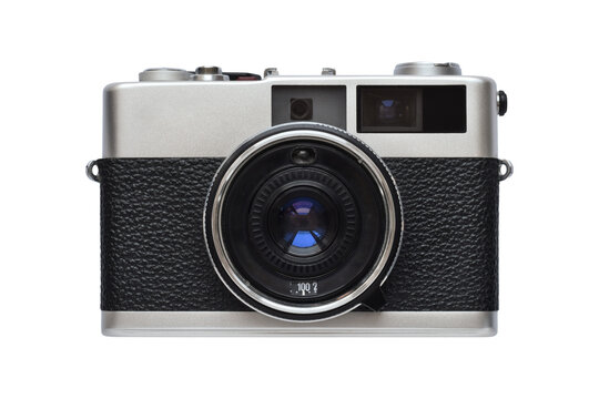 Front view of vintage silver and black rangefinder film camera with prominent lens and blue coating isolated cutout on transparent background