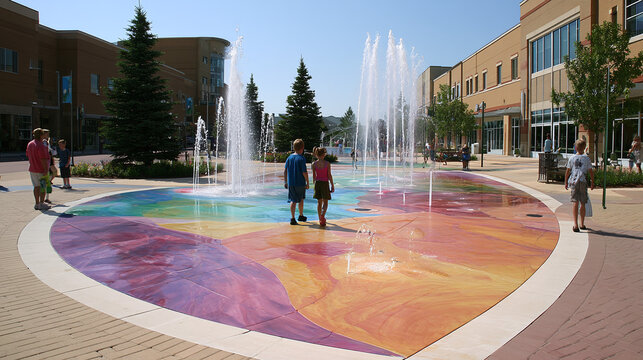 Colorful splash pad offers water fun with fountains and sprayers