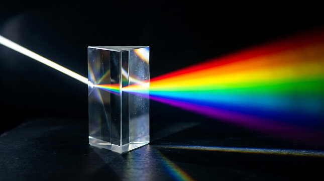 A clear glass triangular prism refracting a beam of white light into a vibrant rainbow spectrum against a dark background.
