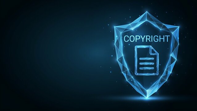 Copyright protection concept showing digital shield with document icon and text on dark blue background symbolizing intellectual property rights and legal safety for creative works.