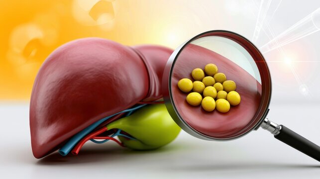 Liver with yellow fat globules viewed through a magnifying glass isolated on white background. Medical concept.