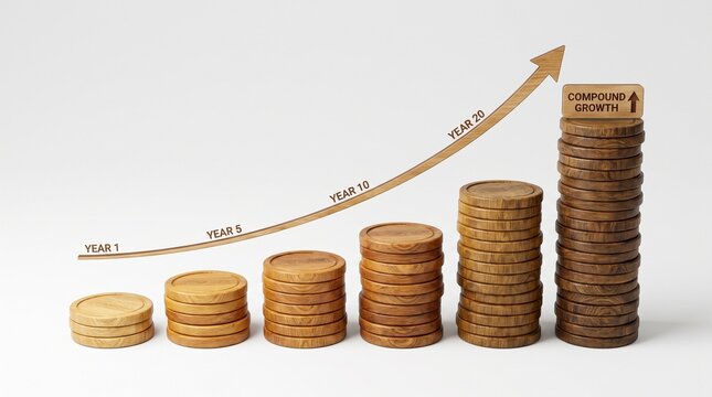 Compound interest and time value of money concept with growing coin stacks and an upward arrow showing financial growth over time