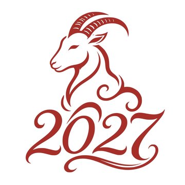 Elegant red goat line art illustration with ornate 2027 typography - design for Chinese new year greeting cards, festive calendar covers, and Asian horoscope poster prints. JPEG version.
