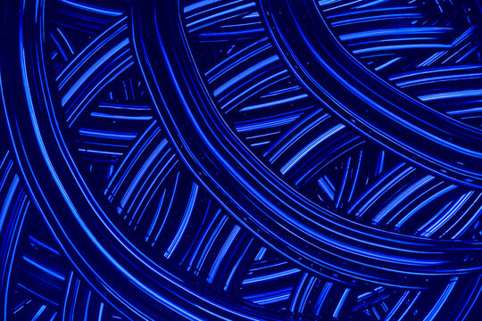 Abstract blue neon light trails in curved pattern background